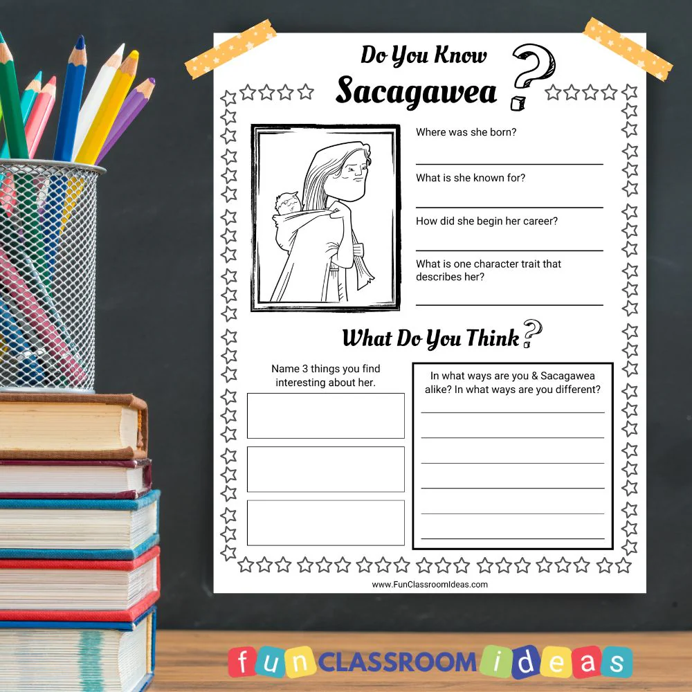 Sacagawea guiding explorers through the wilderness, showcasing her role in history. Educational worksheet featuring Sacagawea for second graders studying economics.