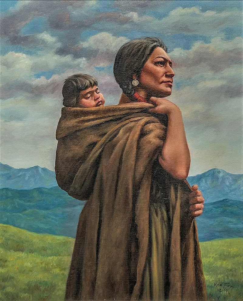 Illustration of Sacagawea guiding Lewis and Clark on their expedition