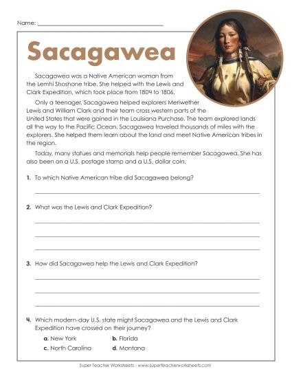 Illustration of Sacagawea guiding Lewis and Clark through the wilderness