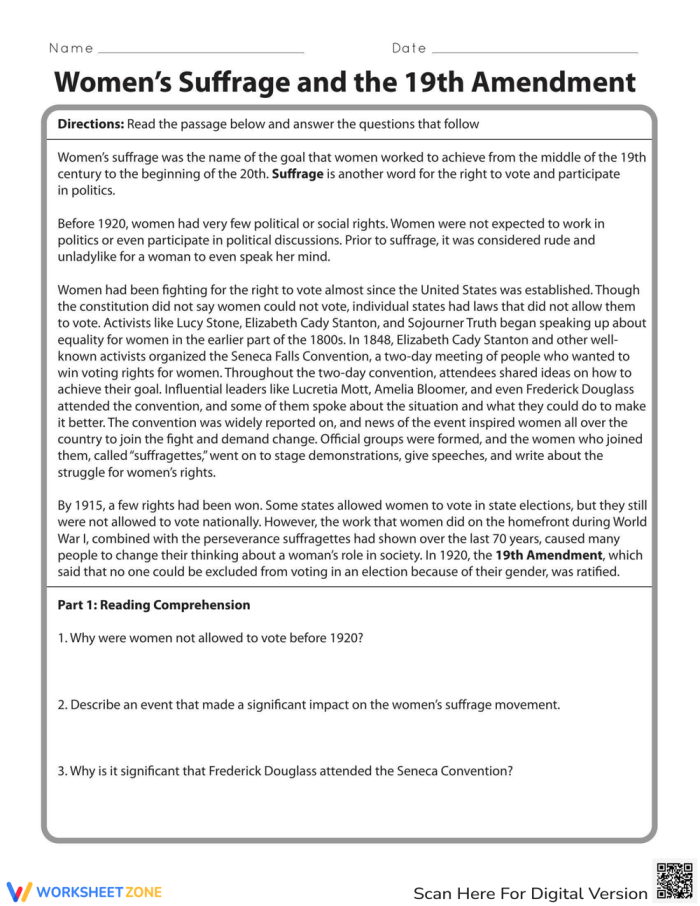 Educational resource for understanding key figures and events in women's rights history Worksheet exploring the women's suffrage movement and the 19th Amendment for fifth graders