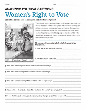 Vintage suffrage cartoon illustration showing visual arguments for women's right to vote A historical political cartoon depicting the women's suffrage movement with symbolic imagery related to voting rights