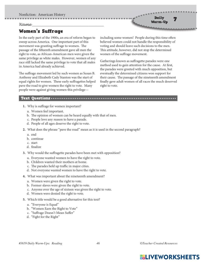 Women's Suffrage and the 19th Amendment Spelling Activity 10 Fifth grade spelling worksheet about the women's suffrage movement and the 19th Amendment