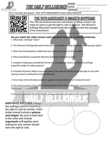 Women's Suffrage and 19th Amendment Spelling Worksheet Part Three Fifth grade worksheet page about the history of the women's suffrage movement and the 19th Amendment