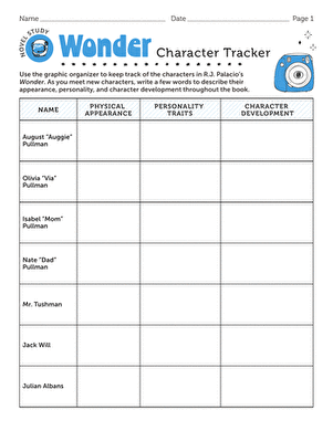 Worksheet for pre-reading activities on R.J. Palacio's Wonder for fourth graders