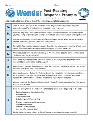 Pre-reading activity worksheet for R.J. Palacio's Wonder designed for fourth-grade language learners