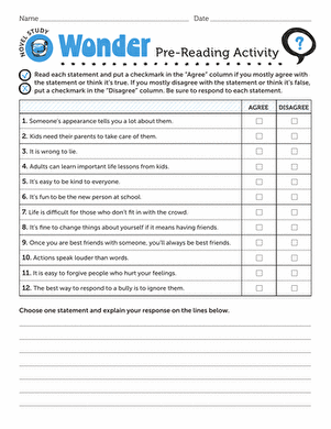 Worksheet for pre-reading activities related to R.J. Palacio's Wonder for fourth graders