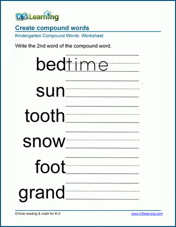 Worksheet featuring a word addition exercise where students combine pictures to form compound words for first graders. Word Addition: Compound Words 1 worksheet for enhancing place value skills.