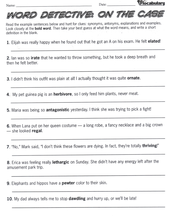 Be a Word Detective Place Value Challenge Worksheet 25 for Third Grade Students Third grade place value worksheet showing Be a Word Detective activity with context clues for learning unfamiliar vocabulary