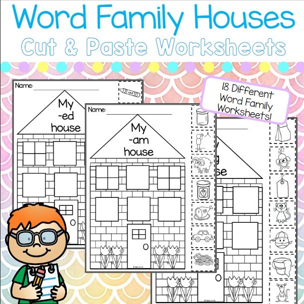A colorful worksheet featuring -at and -ay word family houses for kindergarten students