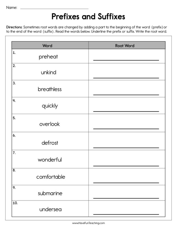 Students working on identifying base words, prefixes, and suffixes in a third-grade worksheet