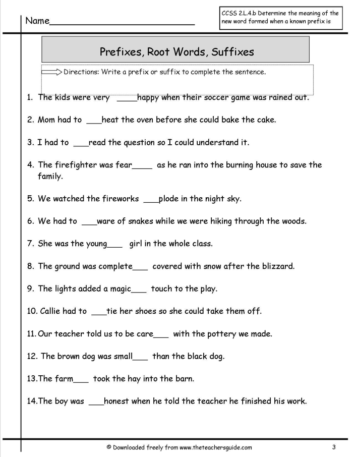 Worksheet for third graders to identify base words, prefixes, and suffixes in vocabulary exercises.