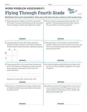 Engaging word problems to evaluate fourth grade math skills in a fun way Word Problem Assessment worksheet featuring multiplication challenges for fourth graders
