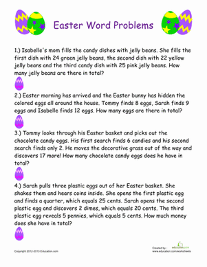 Easter Themed Math Worksheet for Second Grade Addition Practice Number 22 Second grade student solving addition math word problems featuring cute Easter eggs and bunnies