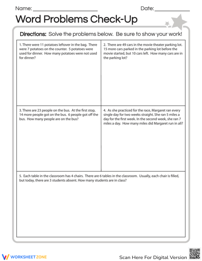Word Problems Learning Check worksheet for Third Grade