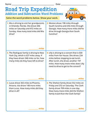 Road Trip Word Problems Worksheet for Fourth Grade Students solving math word problems related to a road trip adventure