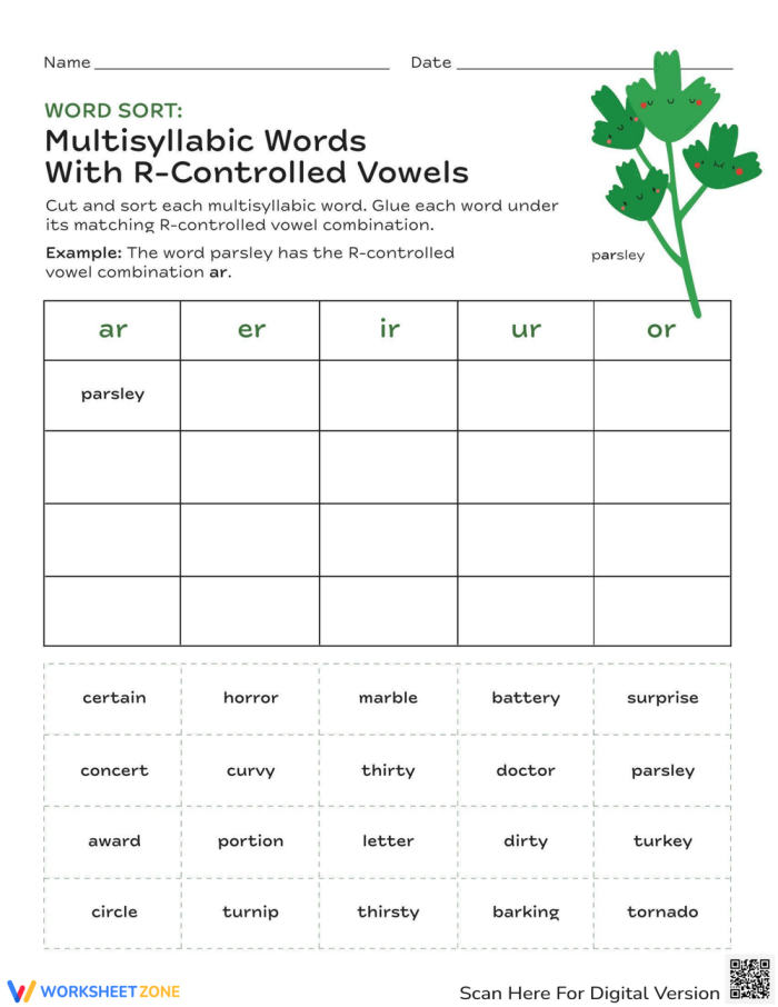 Worksheet featuring a word sort activity for second graders focusing on multisyllabic words with R-controlled vowels