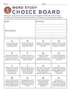 Interactive Word Study Choice Board worksheet designed for fourth graders