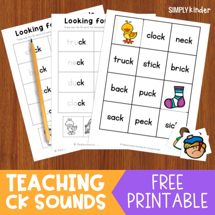 Words ending in ck for phonics practice for first graders