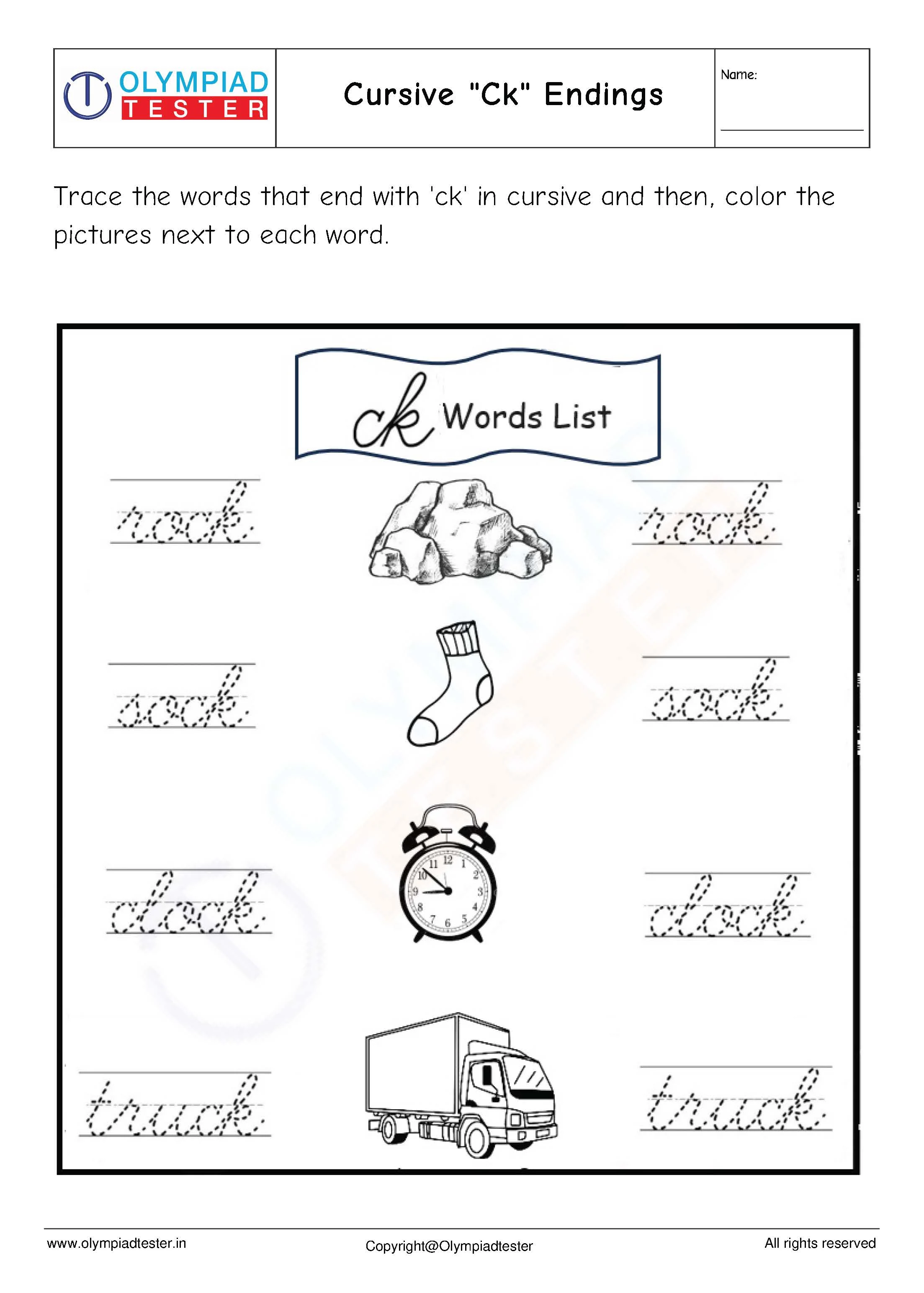 Words ending in "ck" for phonics practice for first graders