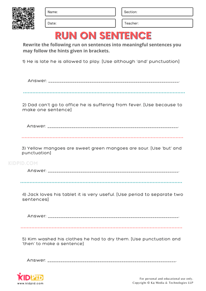 Work on Writing: Run-On Sentences practice worksheet for handwriting skills Worksheet for identifying and correcting run-on sentences for third graders