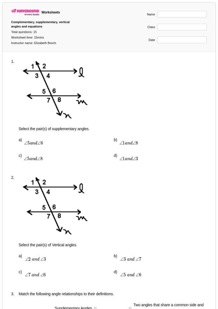 Worksheet for identifying complementary, supplementary, vertical, and adjacent angles for seventh graders