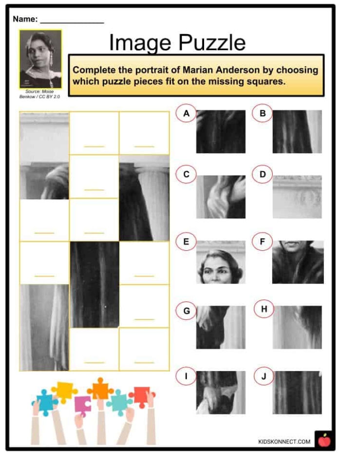 Children engaged in a worksheet about Marian Anderson, the famous opera singer. Worksheet on Women in History: Marian Anderson for fourth graders.
