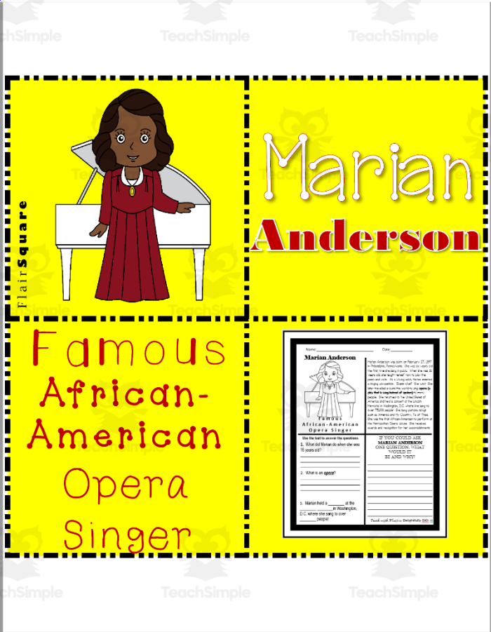 ALT text for a worksheet featuring Marian Anderson's biography and questions