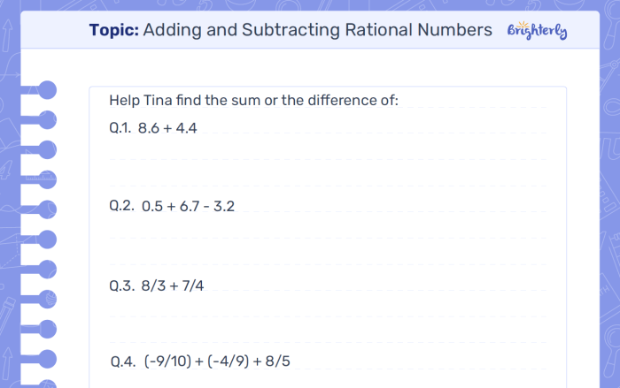 Worksheet for adding and subtracting rational numbers with fractions and decimals