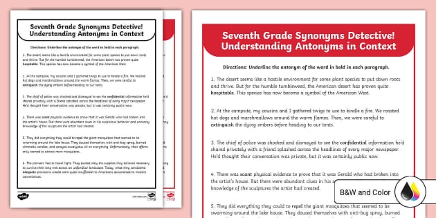 Phonics activity on determining word meanings through antonyms Worksheet for identifying antonyms in context for sixth graders