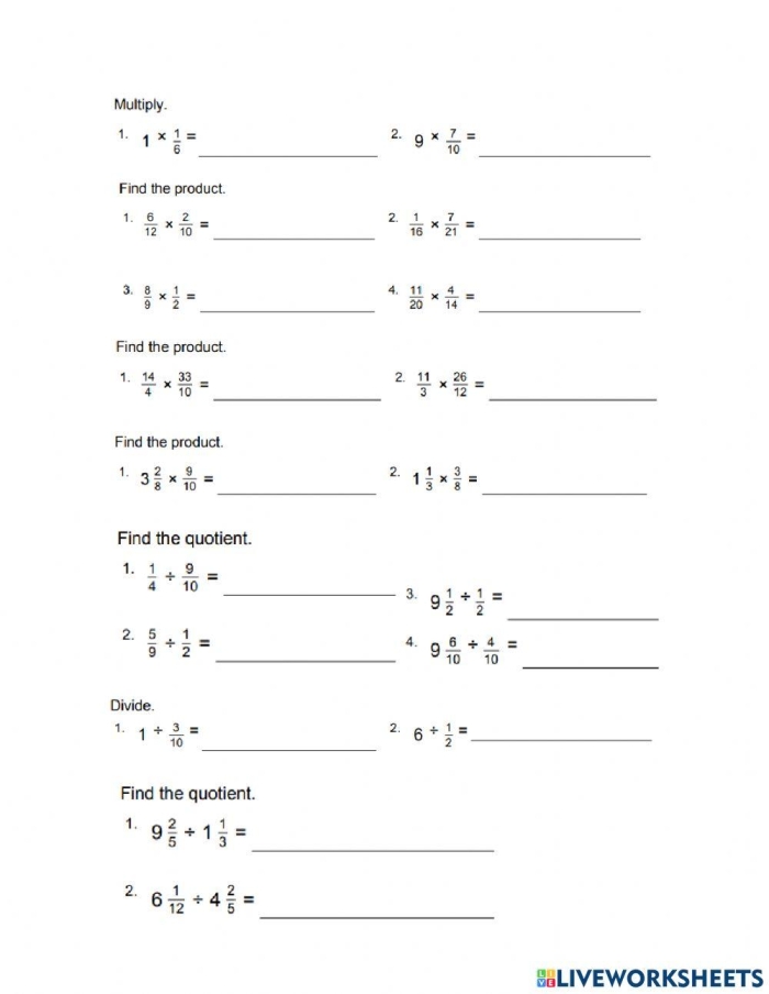 Worksheet for practicing the multiplication and division of positive and negative fractions