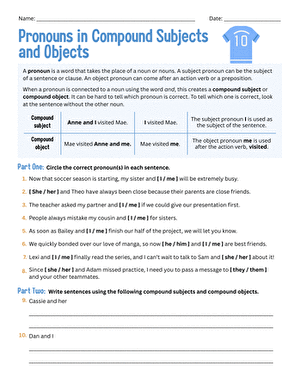 Pronouns in Compound Subjects and Objects: I vs. Me worksheet image 7 Worksheet for practicing pronouns I and me in compound subjects and objects for sixth graders