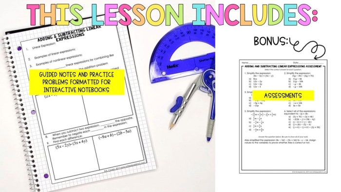 One-page practice worksheet on subtracting linear expressions Worksheet for practicing subtraction of linear expressions for seventh graders
