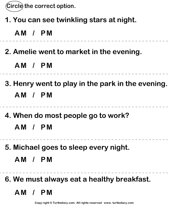 Telling Time: A.M. or P.M.? Worksheet for Kids Worksheet for learning a.m. and p.m. concepts for second graders in Arabic