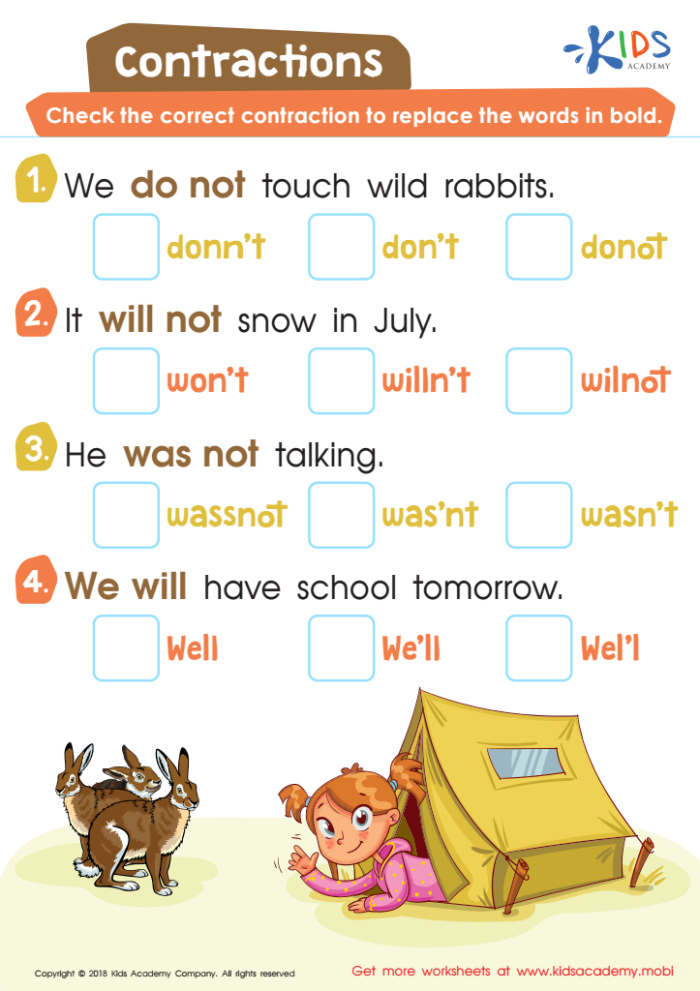 Worksheet featuring contractions in a construction zone for third graders
