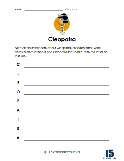 ALT text for a worksheet featuring Cleopatra, who was a powerful queen of Egypt and a significant figure in history.