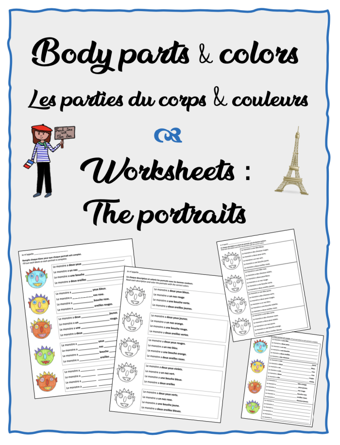 Worksheet for learning French body parts for kids