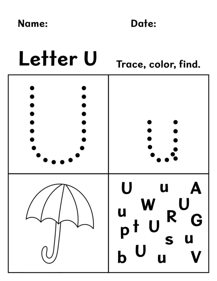Lowercase u recognition activity for Pre-K learners with a unicorn theme Worksheet image featuring a unicorn searching for lowercase u's to enhance letter recognition skills