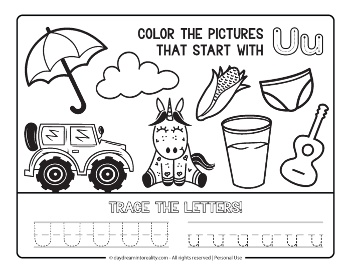 Worksheet featuring items that begin with the letter U for phonics practice