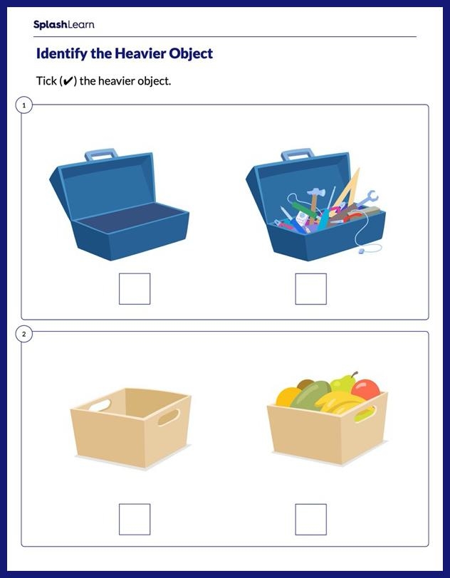 Worksheet featuring a fun activity for young students to compare weights of different objects
