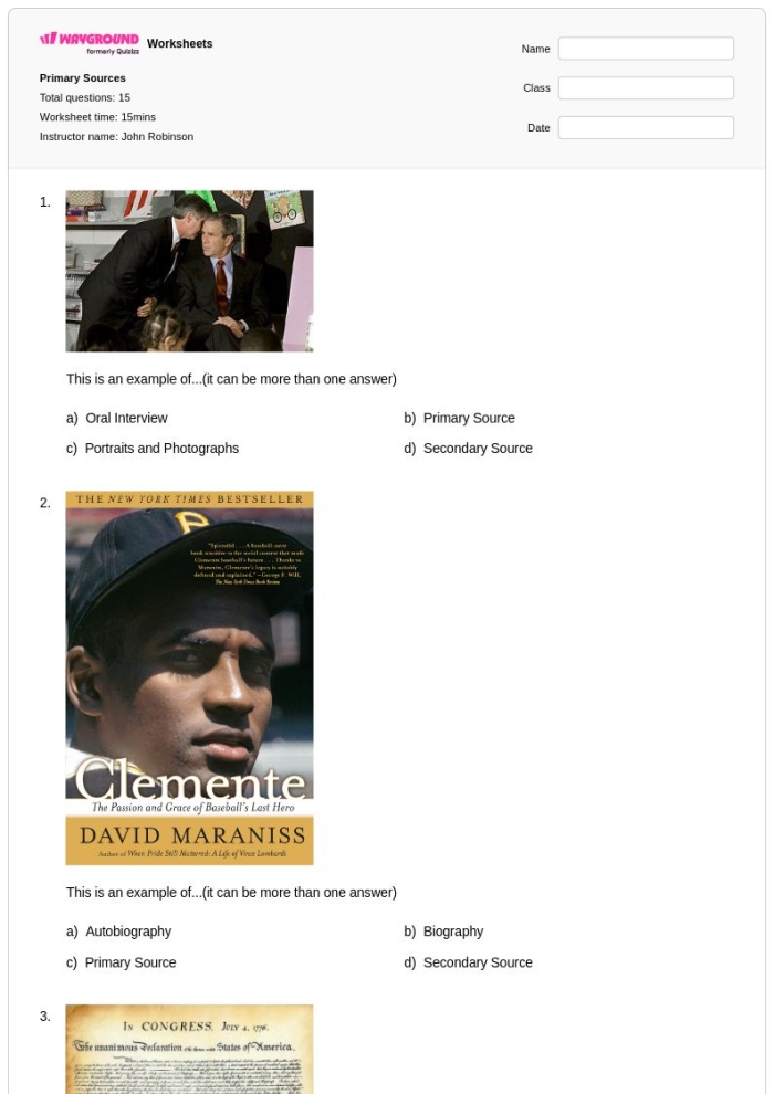 Worksheet showing the differences between primary, secondary, and non-historical sources for sixth graders