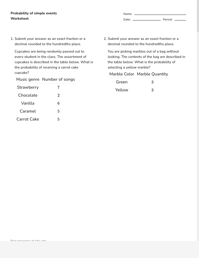 Worksheet for practicing the probability of simple events in real-world scenarios for seventh graders