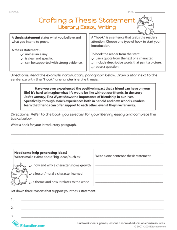 Worksheet for crafting thesis statements in literary essays for fourth graders