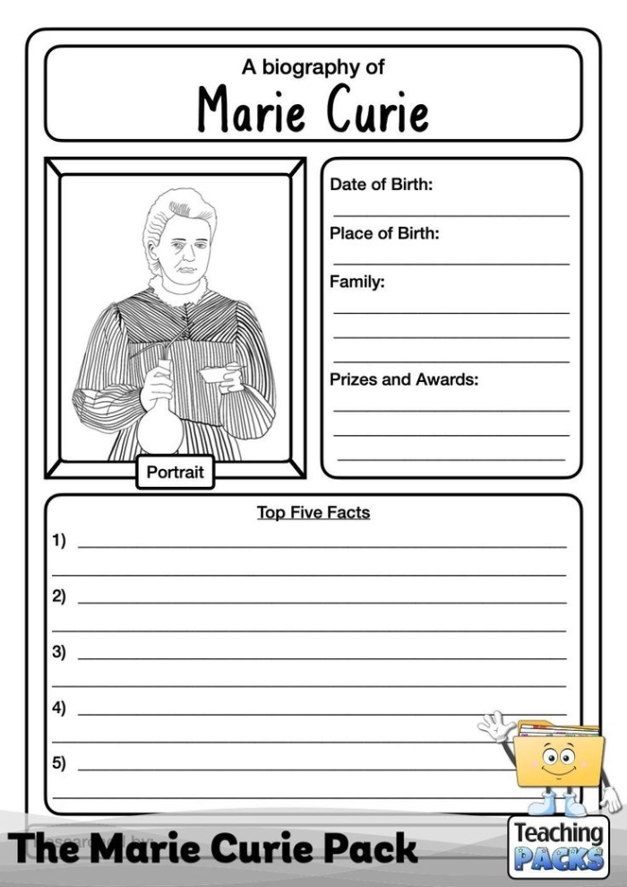 Activity sheet showcasing effective underlining techniques while reading about Marie Curie Worksheet designed for tracking key details in Marie Curie's life for fourth graders