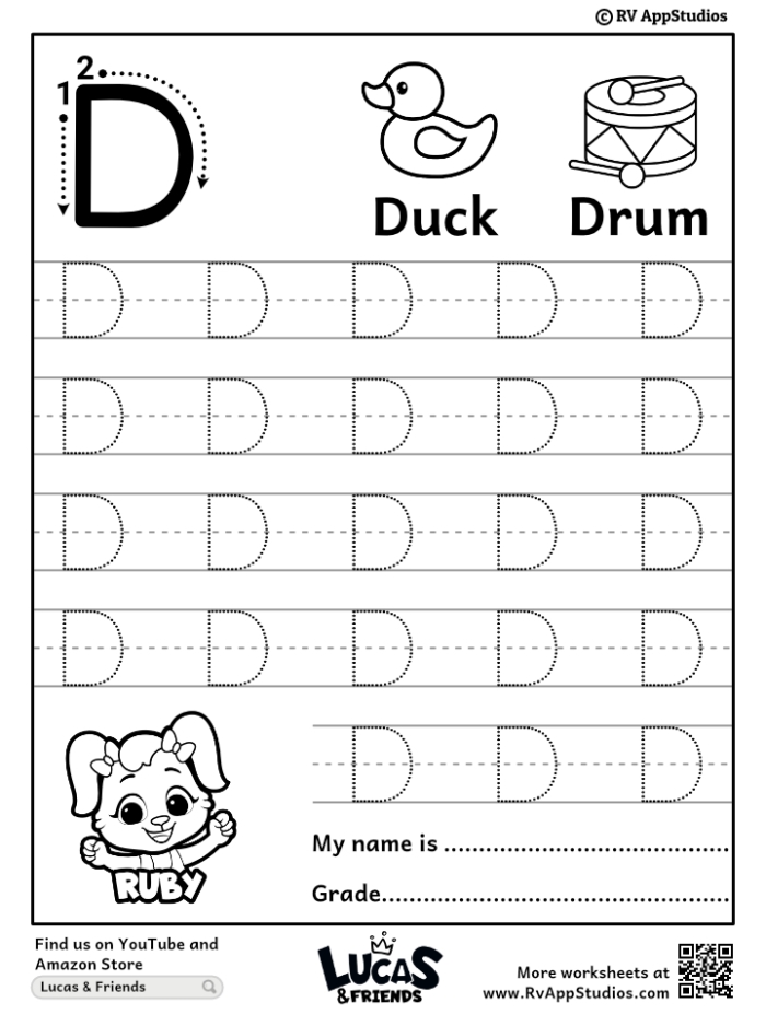 Worksheet for preschoolers to identify uppercase D's with a duck character