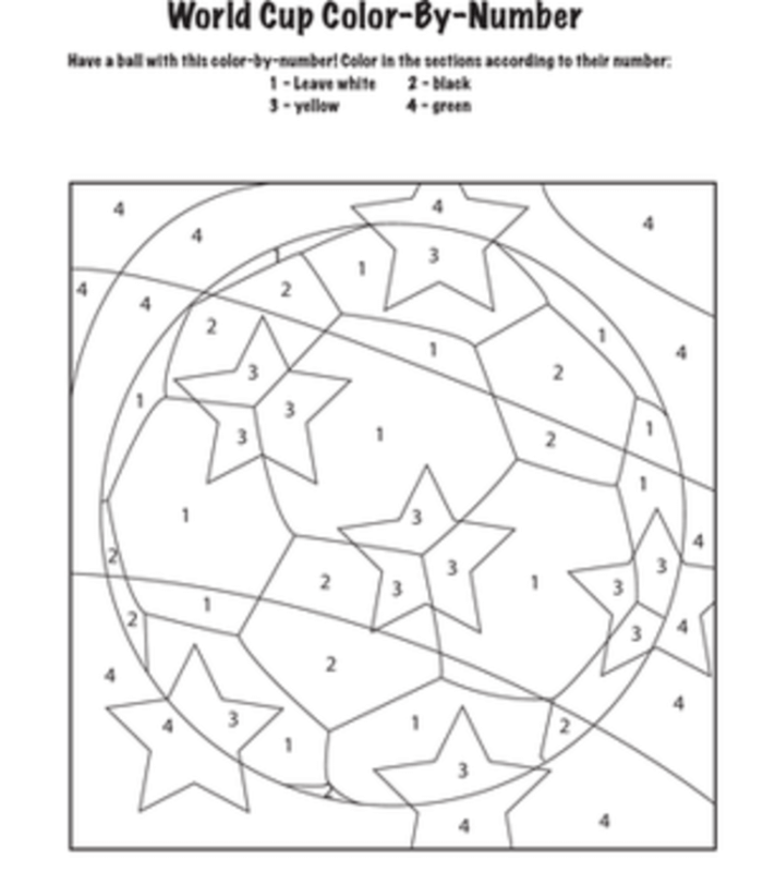 World Cup Color-by-Number worksheet for kindergarteners, featuring fun soccer-themed illustrations. Engaging color activity to celebrate the World Cup spirit while learning numbers.