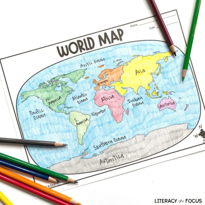 Second grade math worksheet featuring a world map for multiplication practice and geography labeling