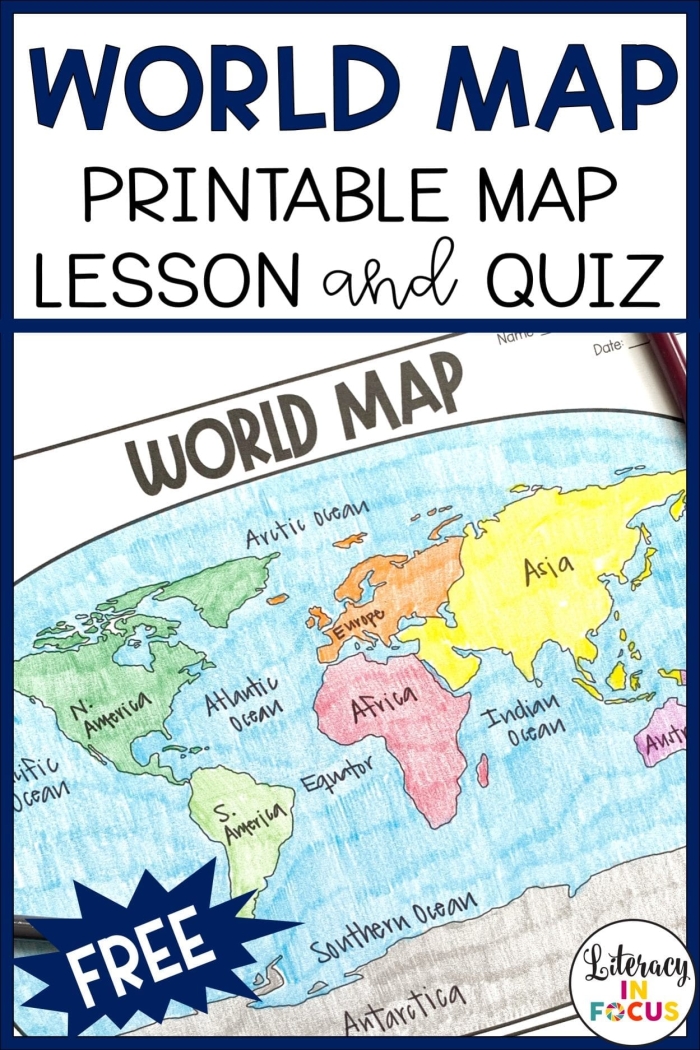 World Map Activity worksheet for second graders to explore geography through coloring and labeling