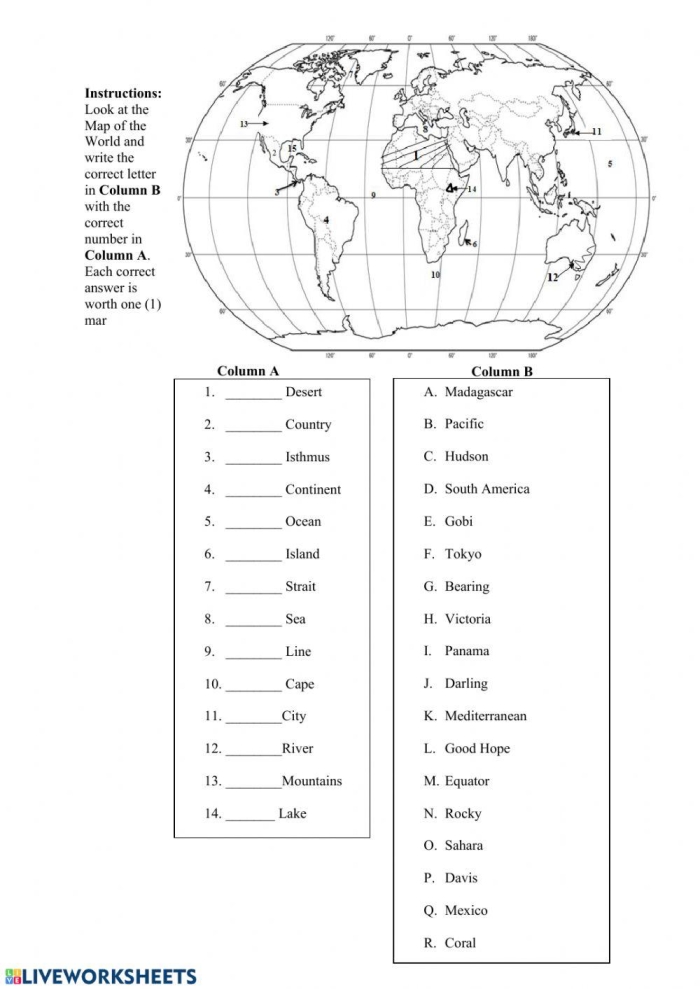 Second grade world map activity worksheet with multiplication practice for geography skills