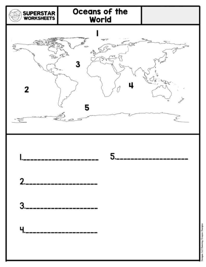 World Oceans Worksheet Graphing and Data Activity Number Twelve Fourth grade student worksheet featuring a map and data analysis tasks about the five world oceans
