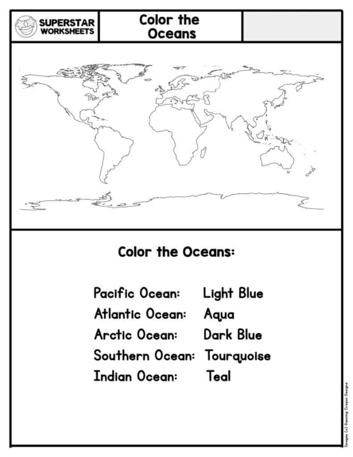 World Oceans Data and Graphing Worksheet Five Fourth grade ocean science worksheet featuring a map and data graphing activity about the five global oceans